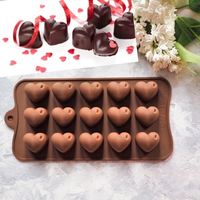 Силиконовая форма для конфет и шоколада Сердечки, 15 ячеек